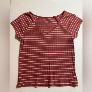 American Eagle Outfitters Red Striped V-Neck Tee